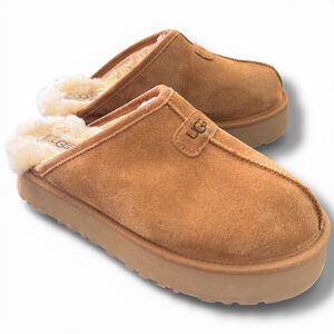 UGG Brown Suede Discoquette Slippers with Beige Fur Lining Size 8